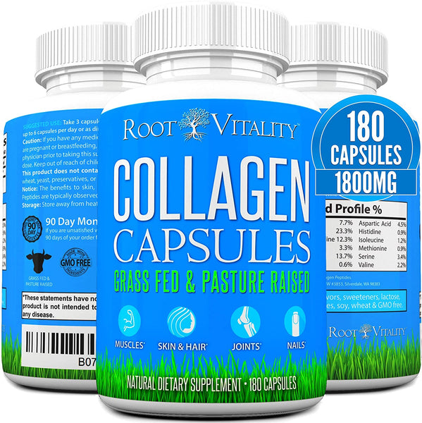 Root Vitality Collagen Pills, for Skin, Hair, Nails & Joints, Collagen Peptides, 180 Capsules