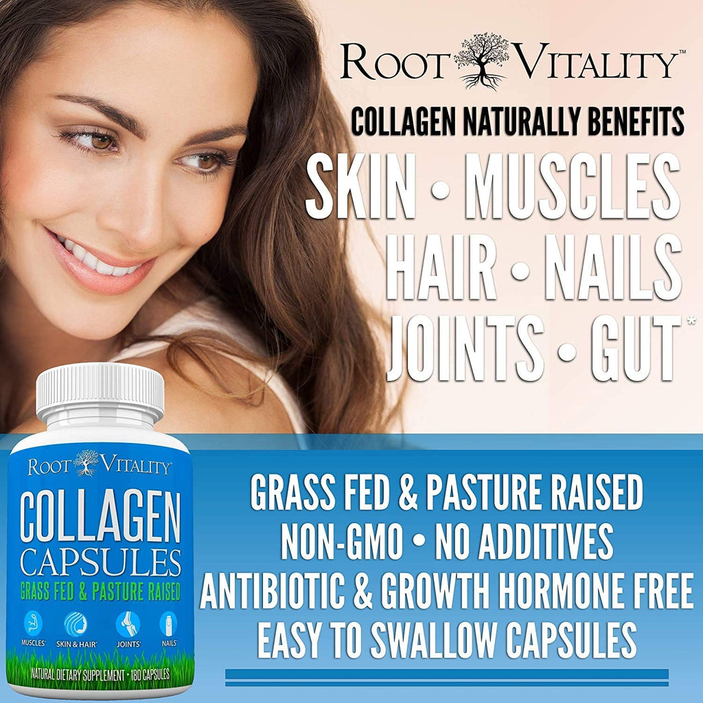 Root Vitality Collagen Pills, for Skin, Hair, Nails & Joints, Collagen Peptides, 180 Capsules