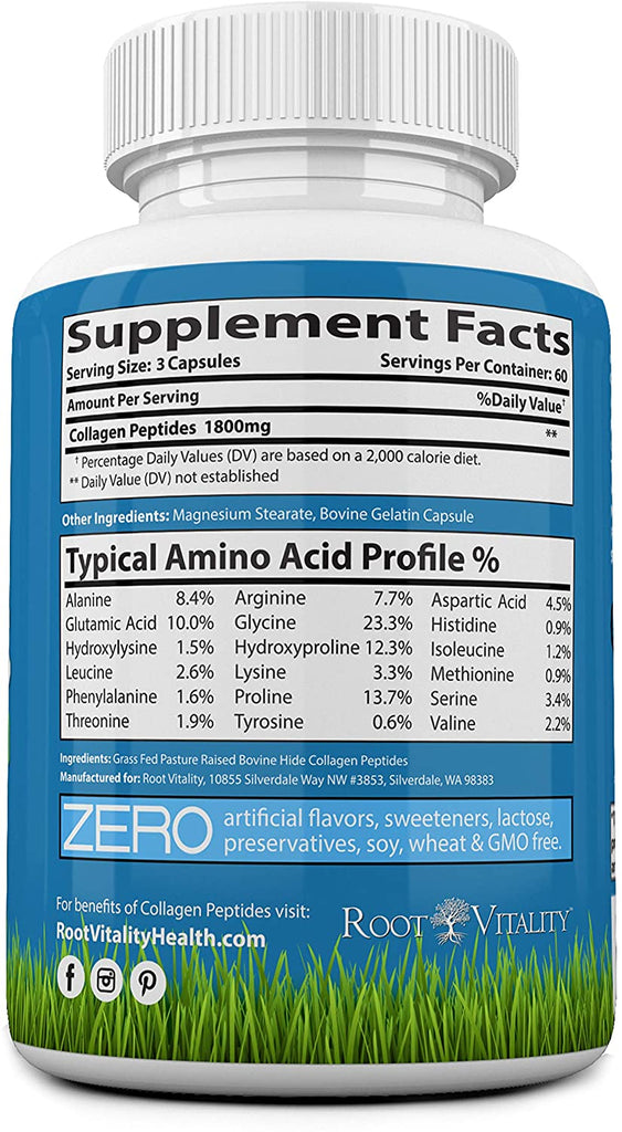 Root Vitality Collagen Pills, for Skin, Hair, Nails & Joints, Collagen Peptides, 180 Capsules