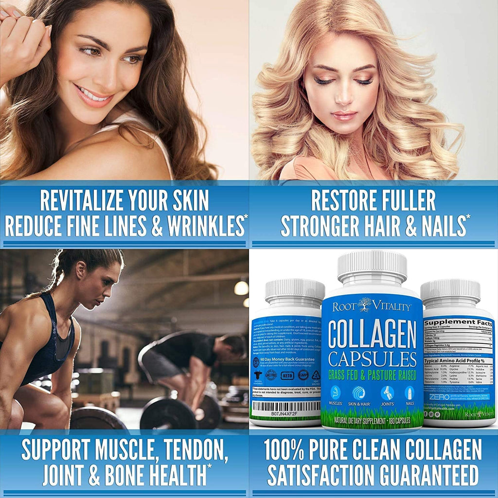 Root Vitality Collagen Pills, for Skin, Hair, Nails & Joints, Collagen Peptides, 180 Capsules